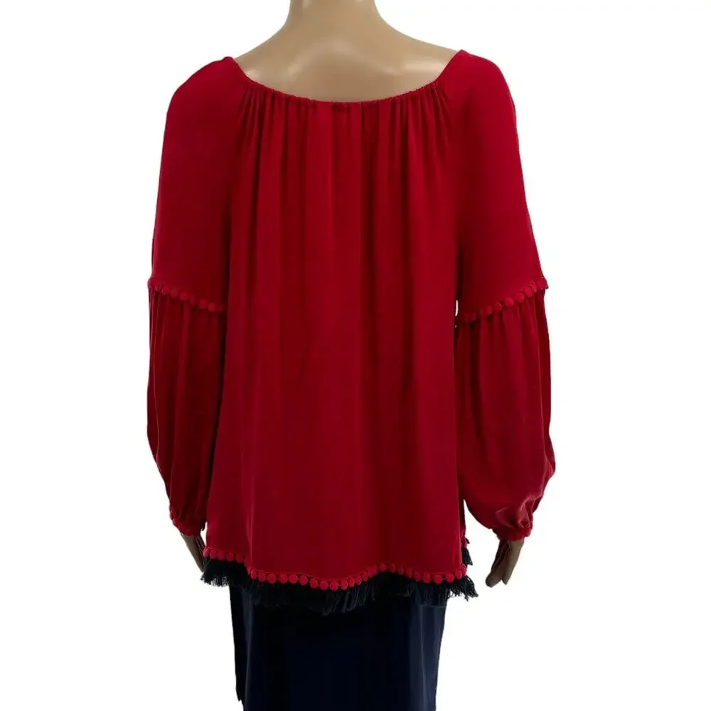 Tory Burch Sylvie Red Silk Tassel Tie Peasant Blouse